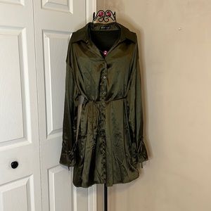 Dark Green Satin Long Sleeve Dress/Oversized Shirt, Size:Large